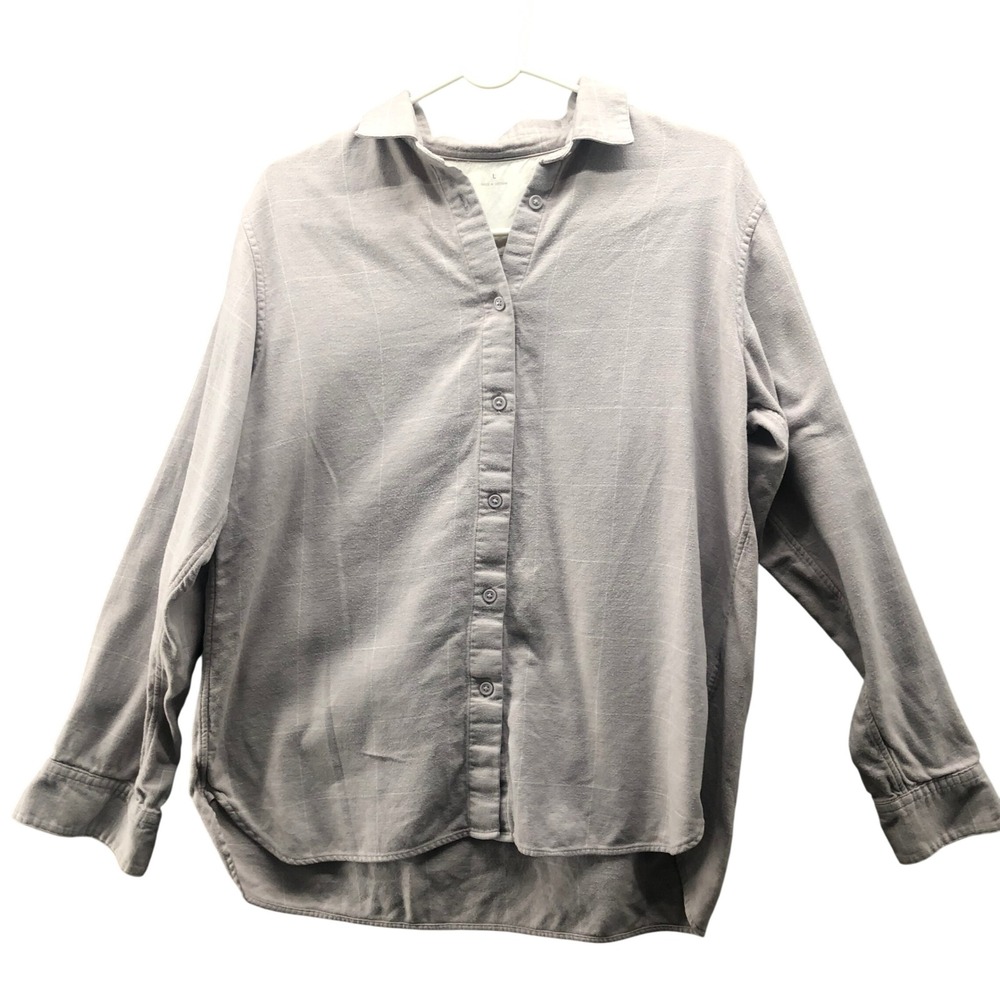 Muji Flannel Button Down Shirt Womens L Beige Grid Plaid Soft Cotton Button Down